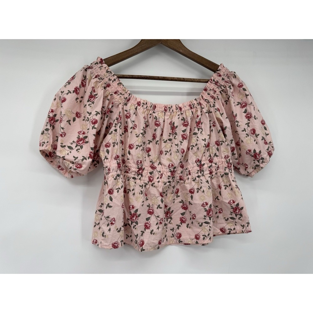 Crop Top Pink Floral Peasant Cottagecore Milkmaid Fairy coquette puff sleeve